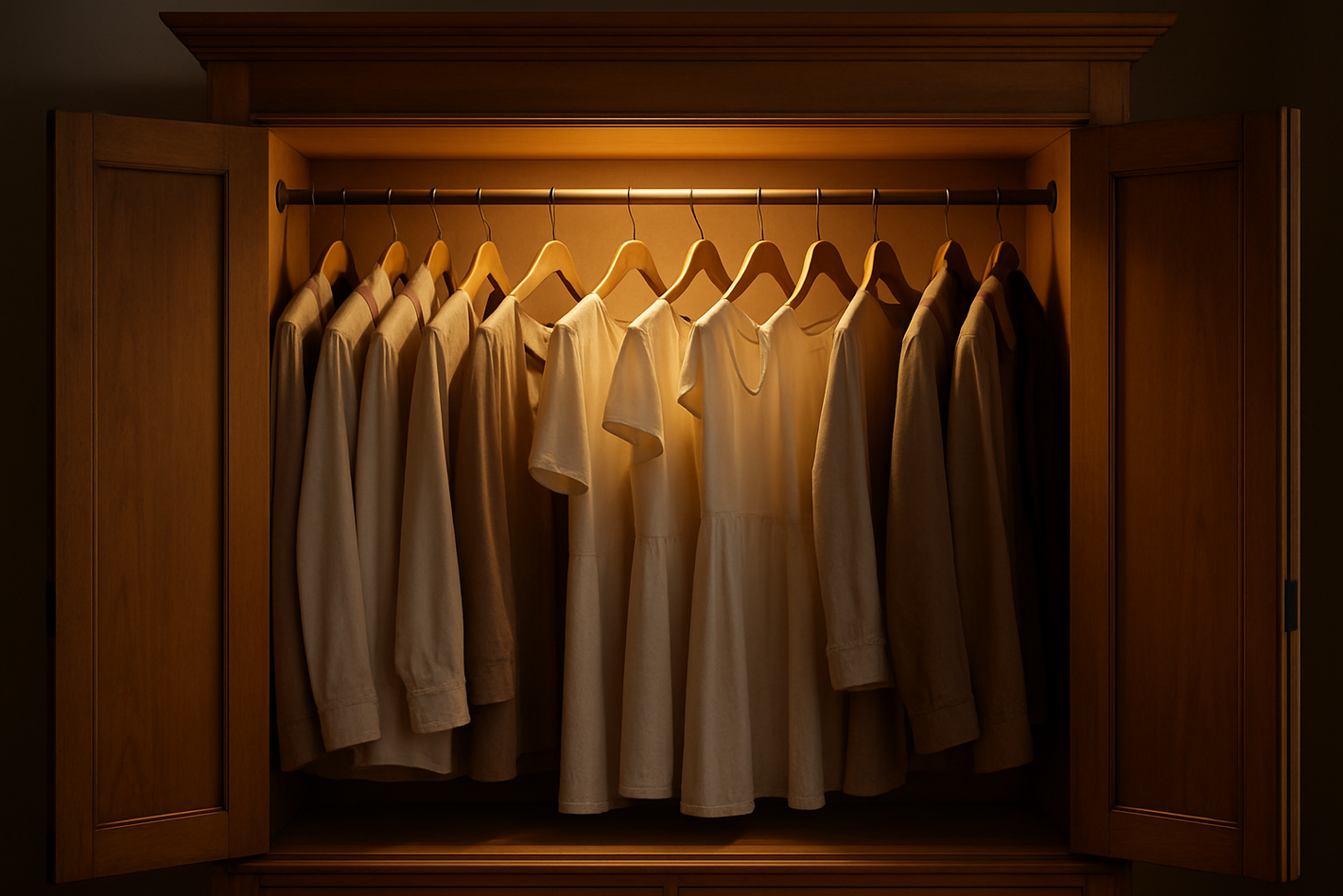 A cabinet with soft warm white lighting from above. There has to be clothes in the cabinet on hangers